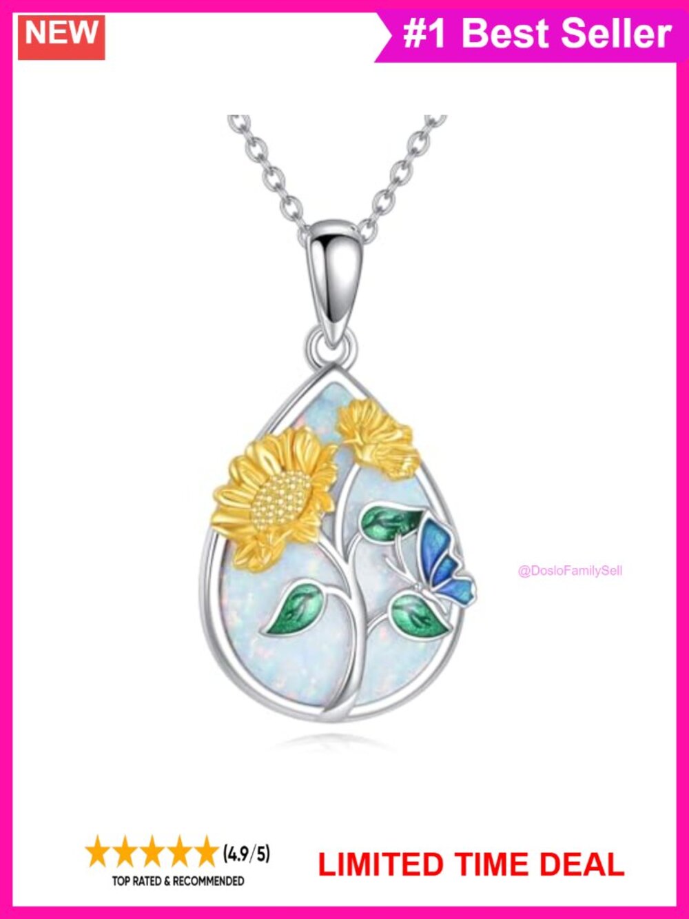 Sterling Silver Opal Sunflower Teardrop Pendant Necklace Adjustable Chain